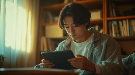 タブレットを使って日本人の男性が自宅でオンライン学習している要素の画像