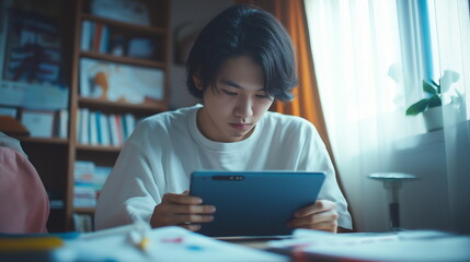 タブレットを使って日本人の男性が自宅でオンライン学習している要素の画像