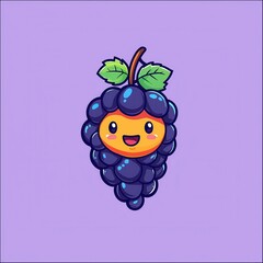 A whimsical cartoon vector of a grape bunch with a happy face, holding a tiny leaf, set against a soft pastel purple background, radiating a fun and fruity vibe. 