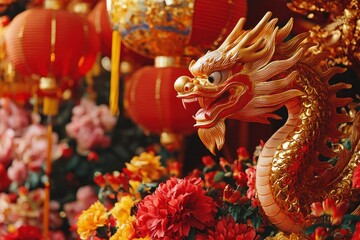 Fototapeta premium Elegant Golden Dragon with Lanterns and Flowers