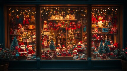 Christmas window display filled with festive decorations