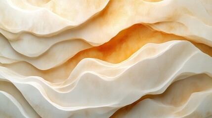 An abstract image featuring layered waves of soft, cream-colored material with subtle hints of orange, creating a tranquil and organic aesthetic.