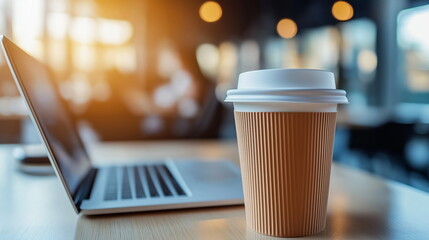 カフェにてノートパソコンを使って仕事や勉強をする画像