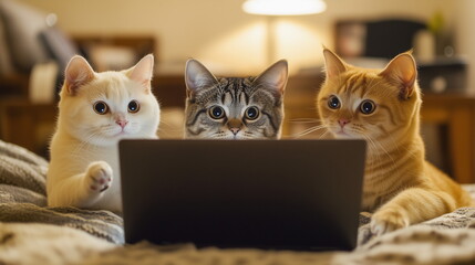 猫がノートパソコンを使いながら会議やミーティング、雑談、議論、討論、検討などをしている画像