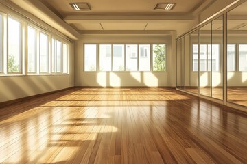 Sunlit Room With Hardwood Floor And Mirrored Wall