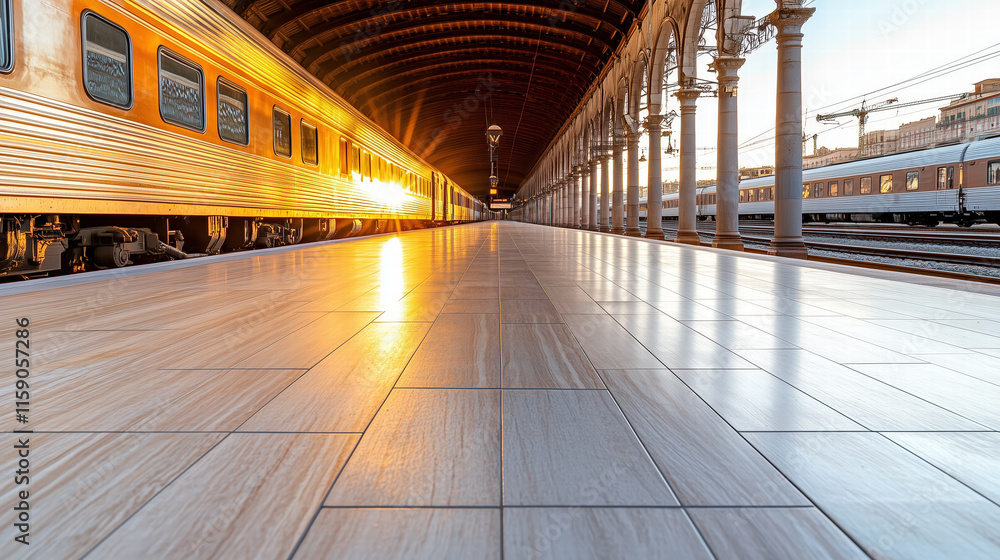 Poster sunlit train station platform with reflective tiles and vintage architecture generative ai
