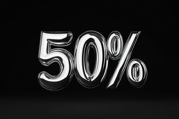 Shiny metallic text displays "50%" against dark backdrop, emphas