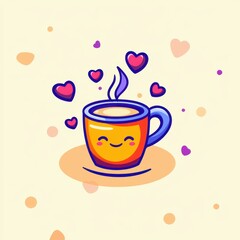 A cute cartoon vector of a steaming cup of coffee with a winking face, radiating warmth and coziness, surrounded by faint heart shapes on a light pastel gradient background. 