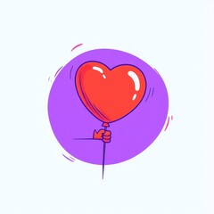 A flat design cartoon vector of a cheerful heart-shaped balloon with tiny glowing strings, set on a pastel pink and red gradient background for a romantic and whimsical aesthetic. 