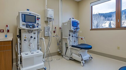 Modern dialysis room with two machines and a patient chair near a window.