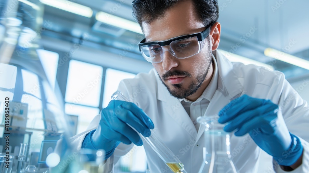 Poster a focused scientist conducts an experiment in a lab, using pipettes and glassware, showcasing precis