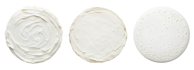 Set of isolated mockup of three white plain cake with copy space for decorations at the center on a transparent background, top view.