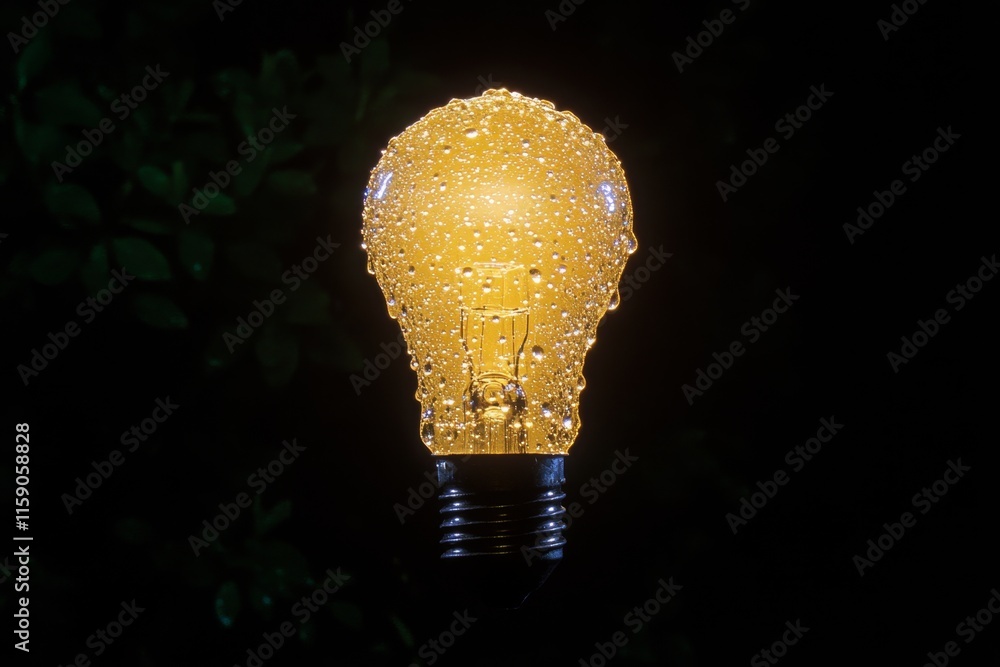Poster A close-up of a glowing lightbulb covered in dewdrops, with the soft light diffused through the droplets