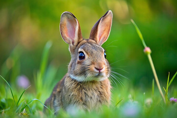 Fototapeta premium Adorable brown bunny rabbit sitting in vibrant green grass, looking directly at the camera.