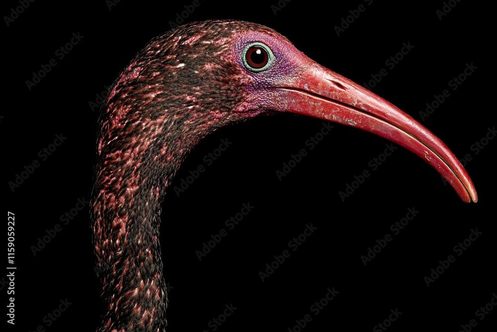 Poster a close-up of an ibis with its long, curved beak, showing intricate details of its feathers and stri