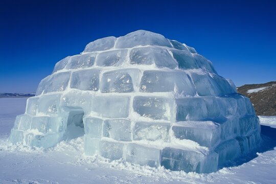 A close-up of an intricately built igloo with detailed ice blocks glistening in the sunlight