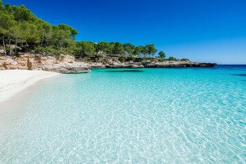 Fototapeta premium A close-up of crystal-clear water gently lapping against smooth pebbles on an Ibiza beach