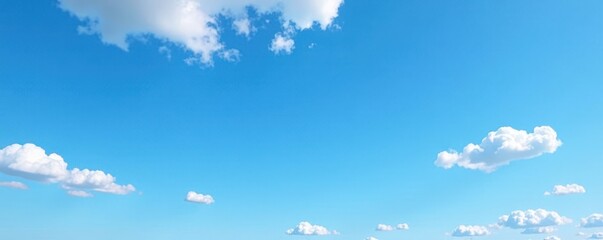 Clear blue sky, scattered small white clouds, bright sunlight , horizon, atmosphere