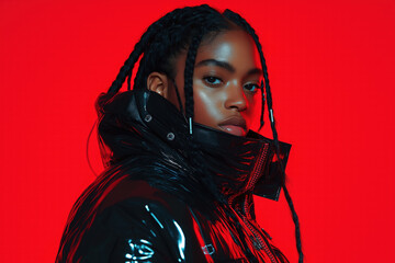 Portrait of a young woman with braided hair wearing a glossy black jacket against a red background