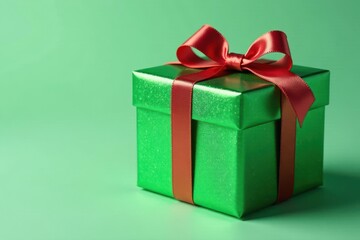 Close-up of glittery green gift box with satin bow tied neatly in front, festive wrapping, sparkling decoration, celebratory gift
