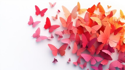 A Swarm of Vibrant Pink and Orange Butterflies in Flight on a White Background, A Stunning Display of Color and Grace