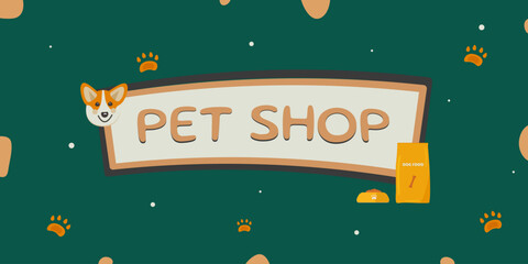 Banner template for pet store. Bright background for pet products, with a cute corgi dog face, a pack of food and a bowl of dog food. 
EPS 10 vector suitable for advertising and promotion.