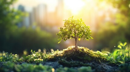 Bright Cityscape with Tree in High Contrast Background