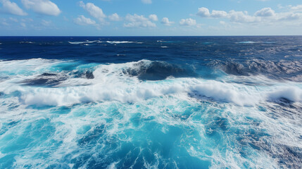 Obraz premium Vivid ocean waves with foamy crests under a bright blue sky and scattered white clouds, sunny day
