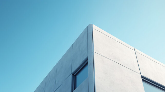 A sleek, minimalist building corner with clean lines and smooth textures, set against a vibrant clear blue sky