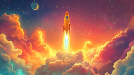 Obraz premium Orange Rocket Ascending Through Colorful Clouds and Stars