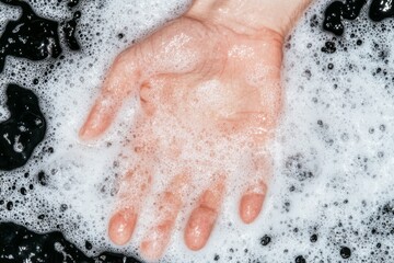 Fototapeta premium A close-up of hands being thoroughly washed under running water with soap suds forming, symbolizing personal hygiene