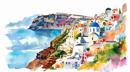 Santorini Watercolor Landscape: Vibrant Greece Summer Scene