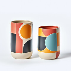 Two modern vases showing colorful geometric shapes on white background