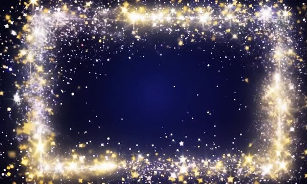 Sparkling Night Frame: Glimmering gold and silver sparkles form a magical rectangular frame against a deep blue background, perfect for adding a touch of celestial enchantment to your designs. 