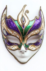 Elegant and Colorful Carnival Mask with Intricate Designs in Purple, Green, and Gold Suitable for Festive Celebrations, Parties, or Theatrical Performances