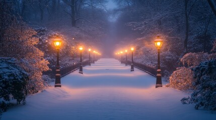 Enchanting snowy path illuminated by vintage lamps