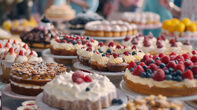 Community bake-off excitement: A display of beautifully decorated cakes and pies, with participants proudly presenting their creations in a spirited competition.