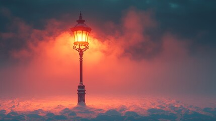 Enchanting street lamp in a snowy, foggy evening