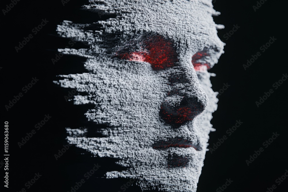 Poster A detailed 3D illustration of a face being scanned by a digital grid, with glowing elements and intricate textures