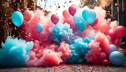 Pastel blue and red smoke clouds for gender reveal party with balloons and confetti