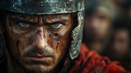 A Bloody Roman Soldier Gazes Intensely Ahead