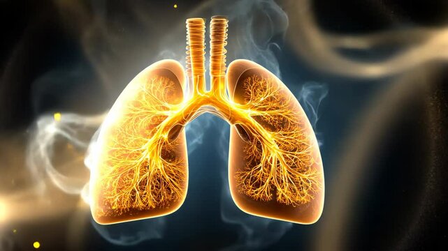 The illustration shows intricate energy waves pulsating through a detailed x ray of human lungs, highlighting the interconnectedness of breath and vitality within the body.