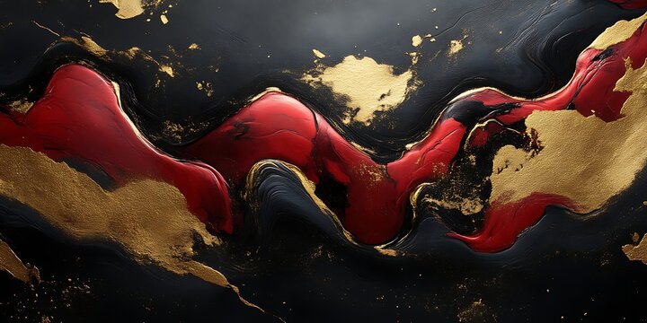 Abstract red, gold, black liquid swirls.