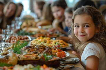 Fototapeta premium Celebrating Purim with traditional Jewish family dinner and festive foods at a joyful gathering