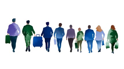 Diverse Group of Travelers Walking with Luggage in Silhouette Style