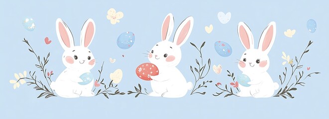 Obraz premium Cute Easter bunnies with eggs, in pastel colors blue background, vector illustration