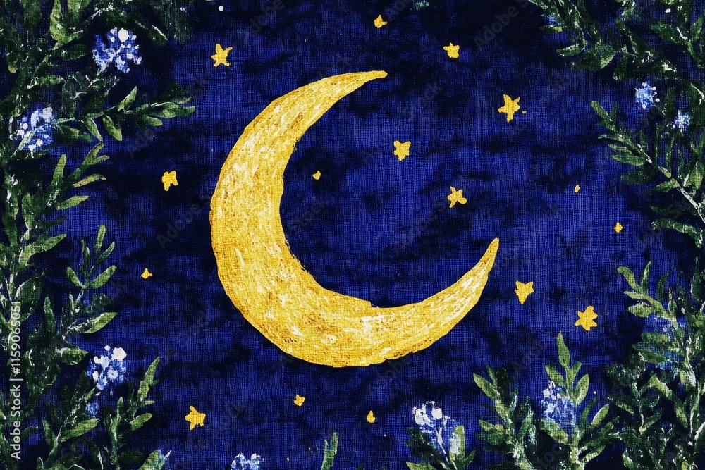 Poster a flat 2d graphic of a crescent moon and a date, symbolizing ramadan in a vibrant and clean design