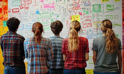 Team Brainstorming Session: Young creative team reviewing colorful project plan on whiteboard. Back view of diverse group of students or young professionals collaborating on innovative ideas.  