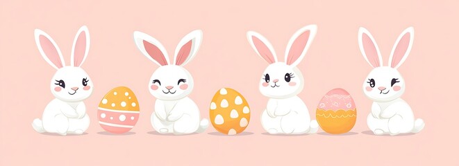 Cute Easter bunnies with eggs, in pastel colors blue background, vector illustration