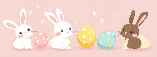 Cute Easter bunnies with eggs, in pastel colors blue background, vector illustration